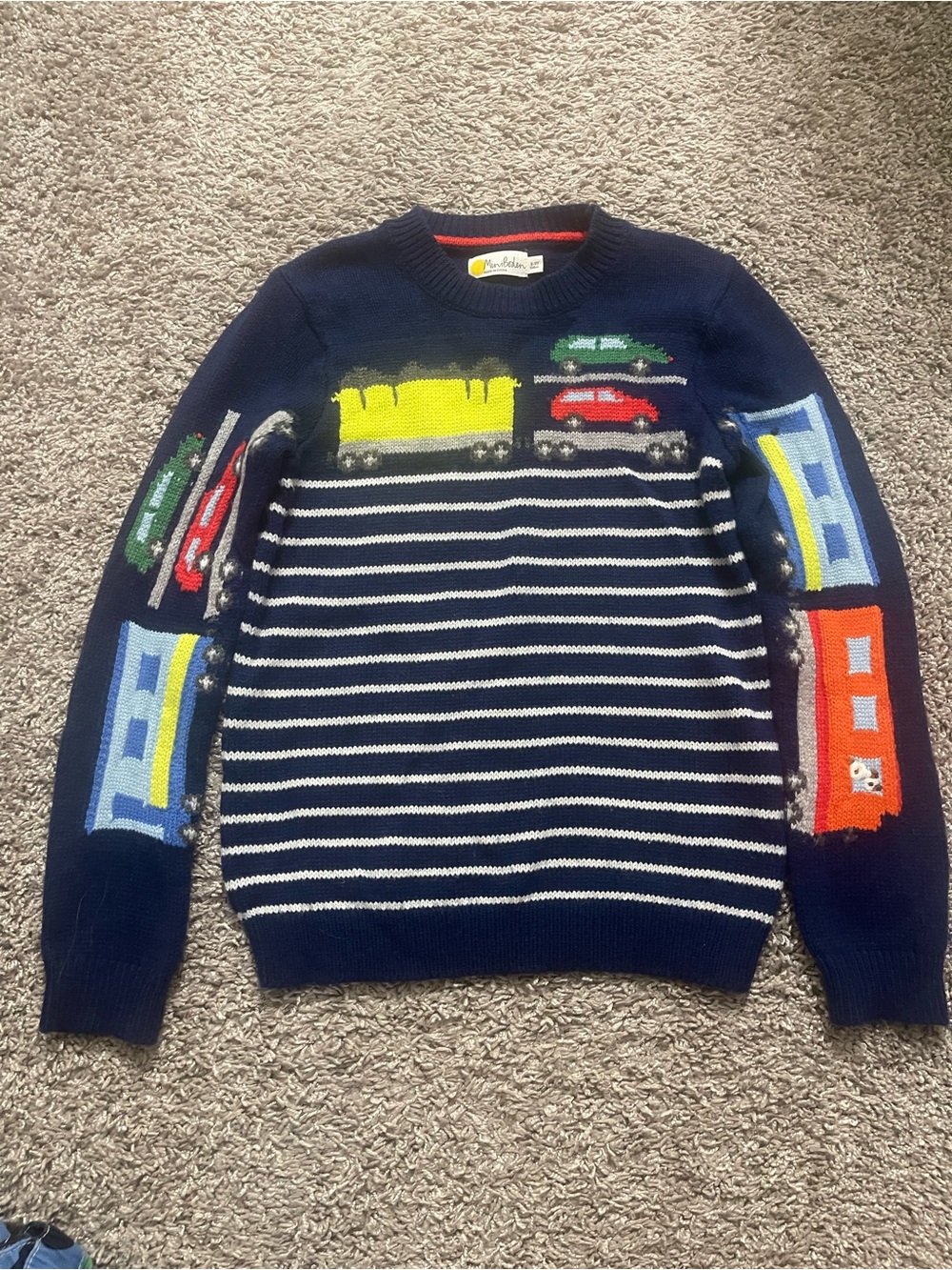 Mini Boden Navy Striped Sweater with Colorful Vehicle Motif
